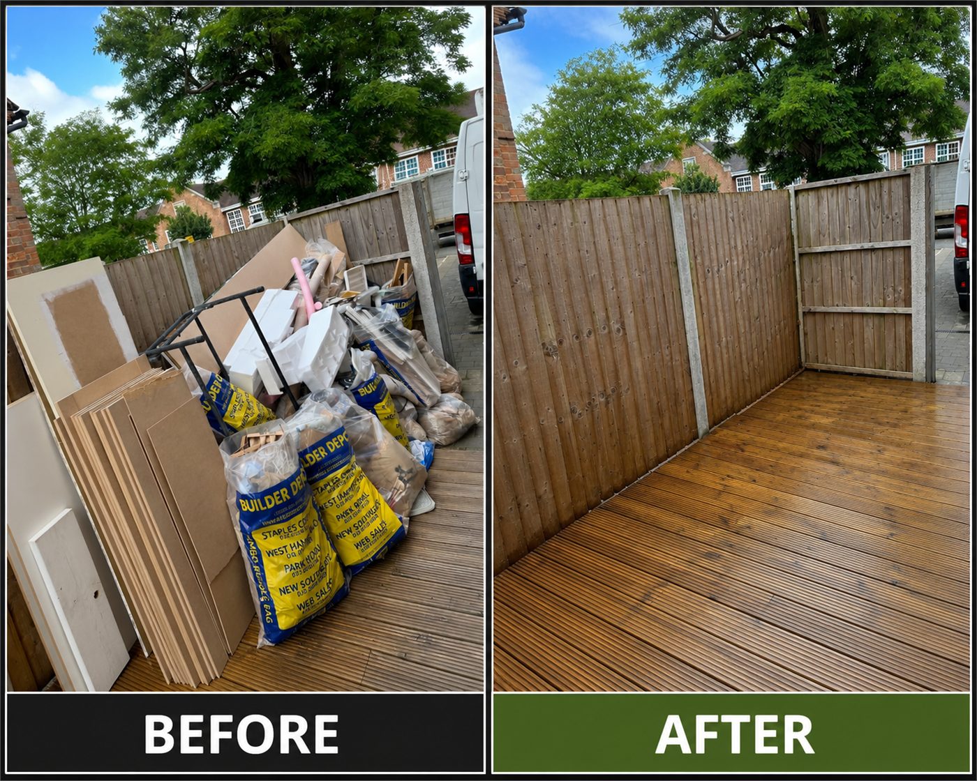 Before and after comparison of a timber deck cleared of builders waste and plasterboard