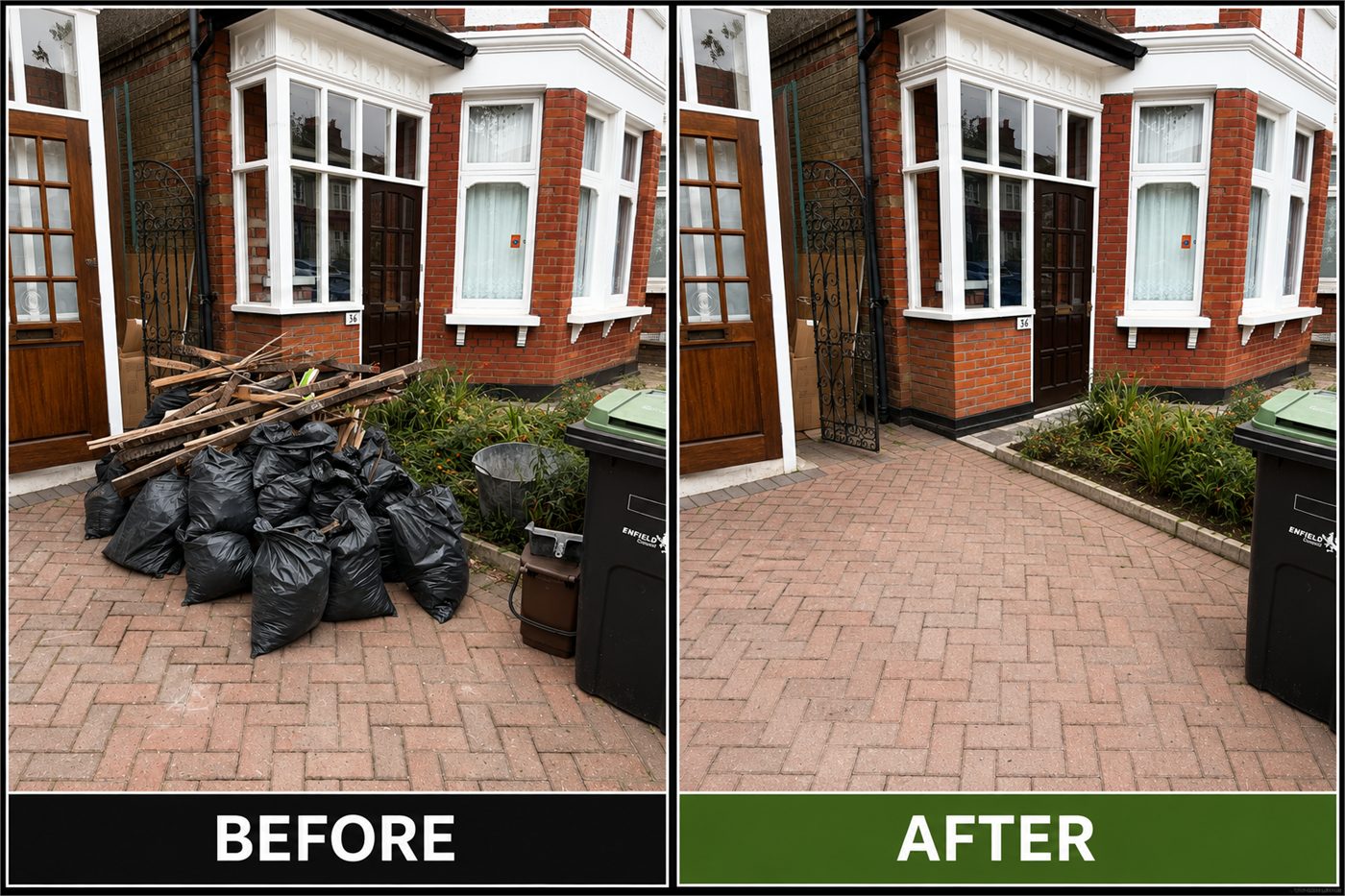 Before and after comparison of a front drive cleared of timber and black rubbish bags