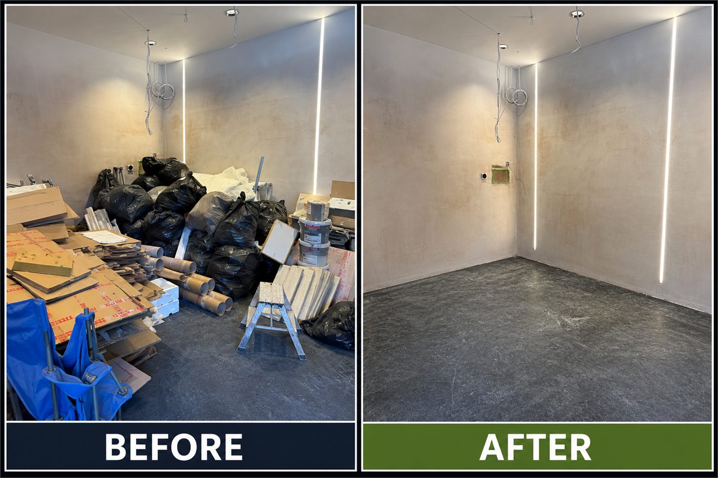 Before and after comparison of an interior renovation room cleared of bags, packaging and building materials